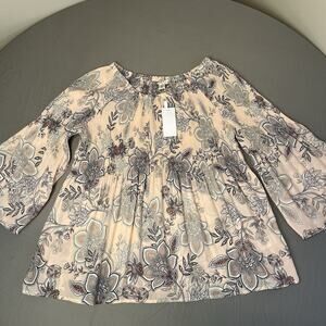 Spense Pleated Women's Size L Pink Floral Blouse Top 3/4 Flare Sleeve Semi-Sheer